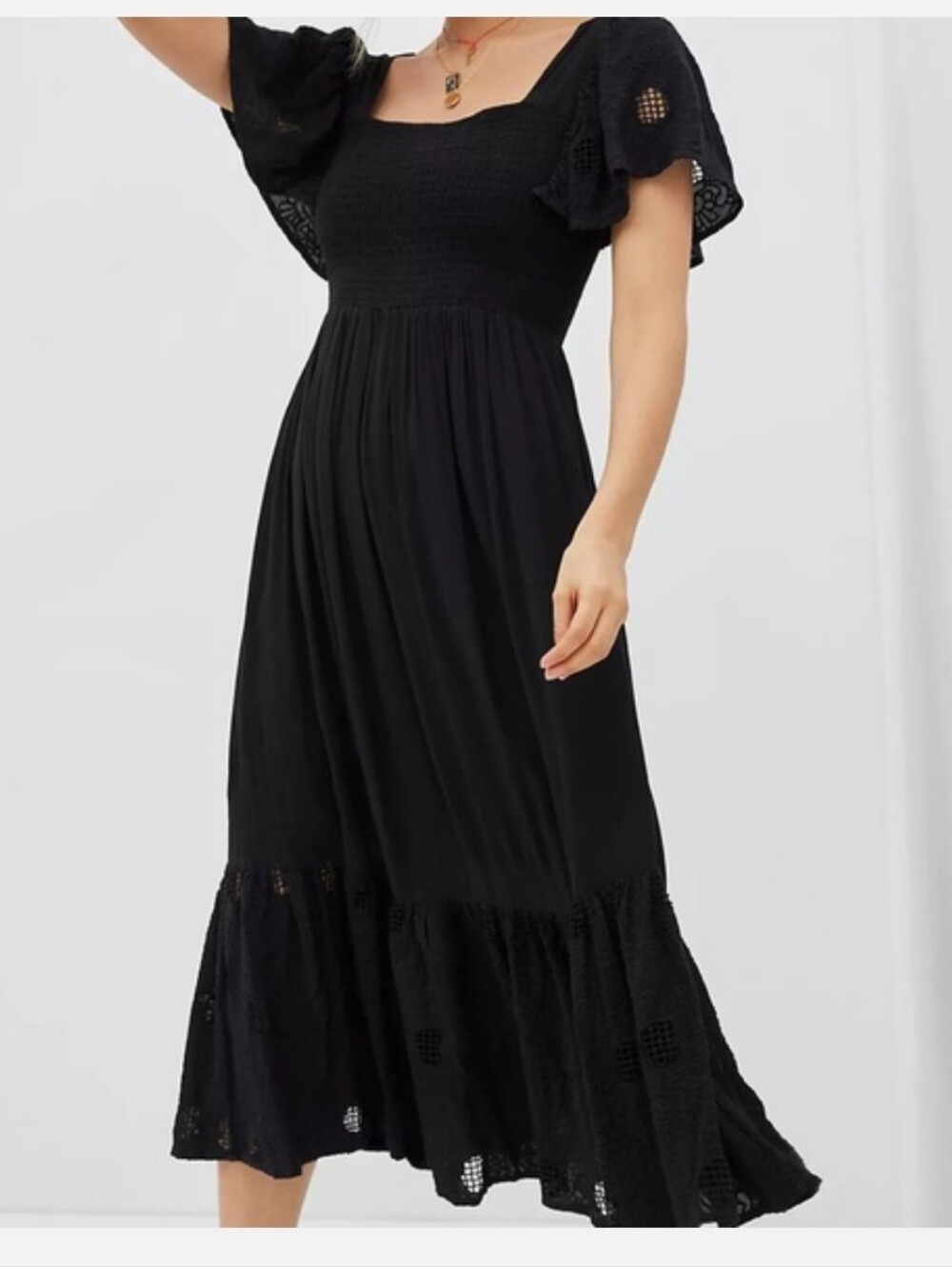 Seen Worn By Anthropologie Black Smocked Midi Dress with Puff Sleeves